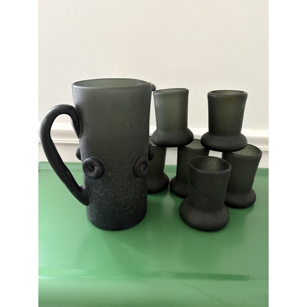 AS-IS Vintage Smoky Gray Glass Pitcher & 6 Glasses Set MCM Brutalist‎ Style READ